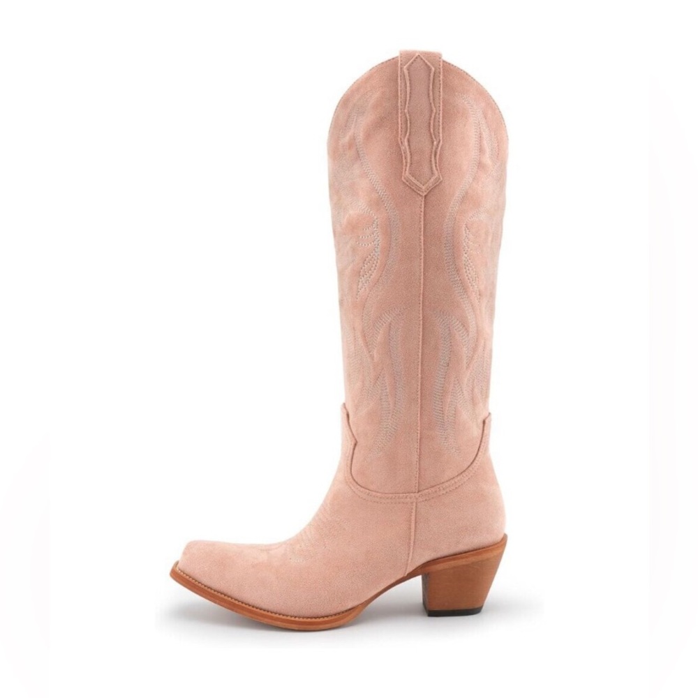 Women's Blush Suede Faux Leather Western Knee-High Mid Thigh Embroidered Boot